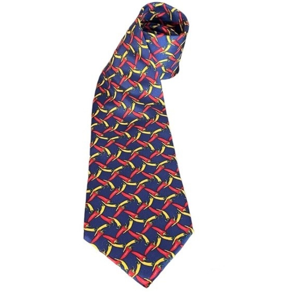 Land’s End Pepper tie. Red & yellow peppers on a deep blue background. 100% silk